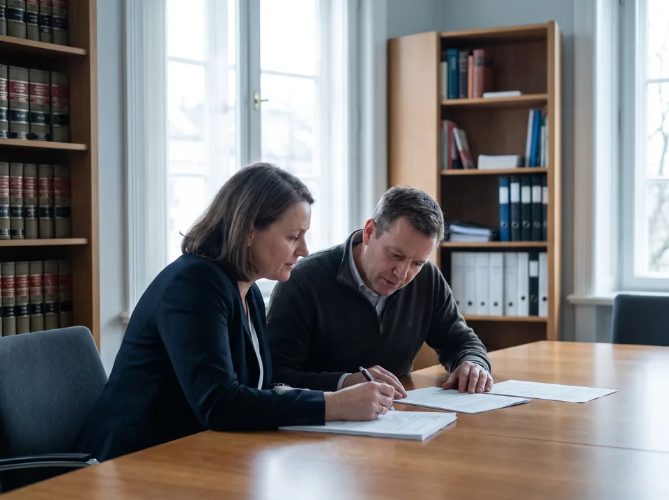 Konsultantka omawia dokumenty z klientem przy stole spotkań