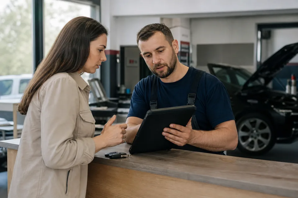 Mechanik pokazuje klientce wycenę naprawy na tablecie przy ladzie warsztatu